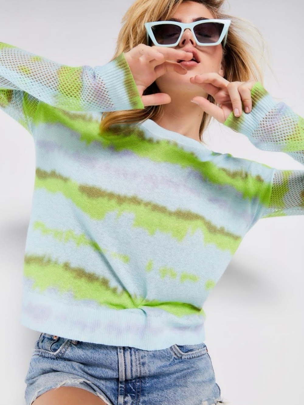LISA TODD L Rise Above Aqua combo sweater with long mesh sleeves